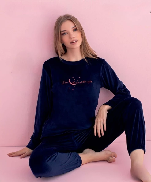Pijamerry Kadın Kışlık Bisiklet Yaka Kadife Pijama Takımı 3037L - 1 Adet  Lacivert S