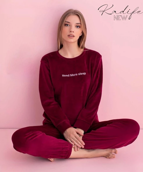 Pijamerry Kadın Kışlık Bisiklet Yaka Kadife Pijama Takımı 3044B - 1 Adet  Bordo S - 2