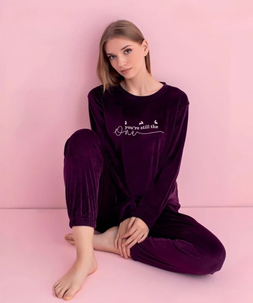 Pijamerry Kadın Kışlık Bisiklet Yaka Kadife Pijama Takımı 3040M - 1 Adet  XL Mor