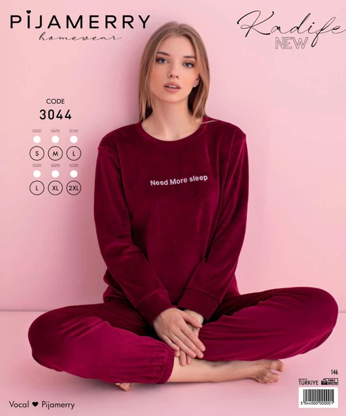 Pijamerry Kadın Kışlık Bisiklet Yaka Kadife Pijama Takımı 3044B - 1 Adet  M Bordo - 3