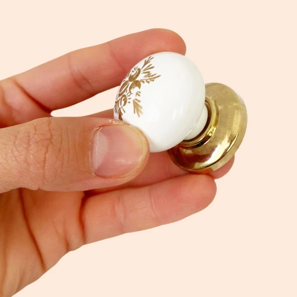 Yasemin Kulp Beyaz Polimer Düğme Kulp Altın Tablalı Mobilya Mutfak Dolabı Çekmece Kulbu Kulpları - Resim 3