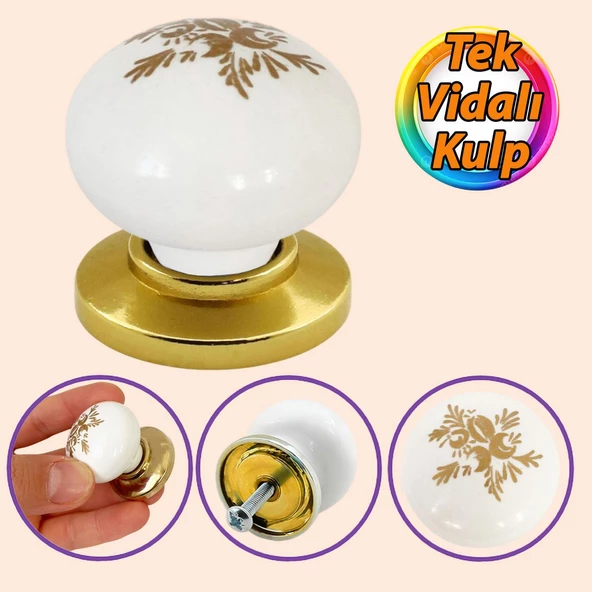 Yasemin Kulp Beyaz Polimer Düğme Kulp Altın Tablalı Mobilya Mutfak Dolabı Çekmece Kulbu Kulpları ürün görseli 1