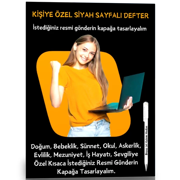 Kişiye Özel Siyah Sayfalı Defter A4-A5 (60 Sayfa) Beyaz Kalem Hediyeli