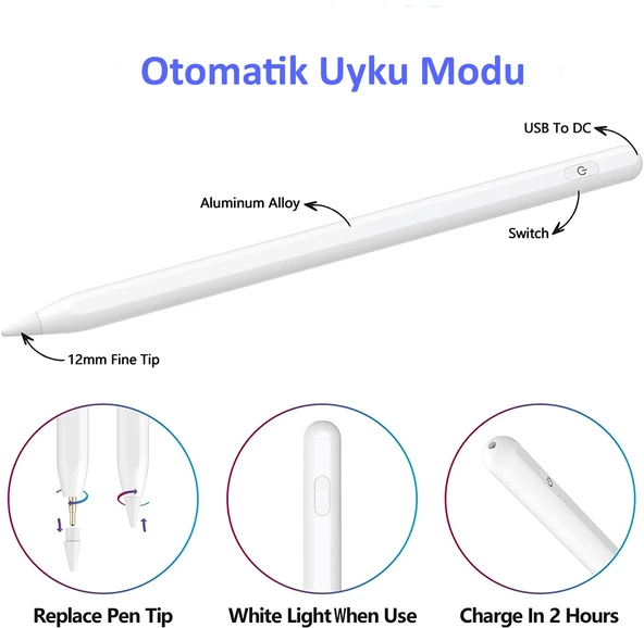 Fuchsia Apple iPad Uyumlu Avuç İçi Algılamayan Eğimle Çizim Kalınlığı Değişen Stylus Dokunmatik Ekran Kalemi - 3