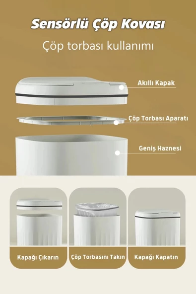 Tilbe Home Akıllı Teknolojik Sensörlü Çöp Kovası Mutfak Banyo Ofis 20L UV Işık Antibakteriyel Koku Geçirmez - 3