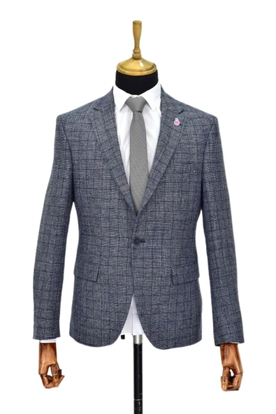 Erkek Lacivert Ekose Tek Spor Ceket Çift Yırtmaçlı BGL-ST03975 - Resim 2