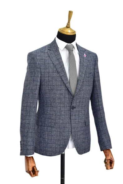 Erkek Lacivert Ekose Tek Spor Ceket Çift Yırtmaçlı BGL-ST03975 - Resim 3