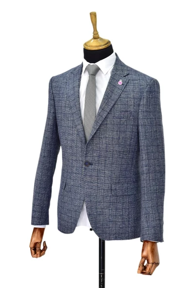 Erkek Lacivert Ekose Tek Spor Ceket Çift Yırtmaçlı BGL-ST03975 - Resim 4