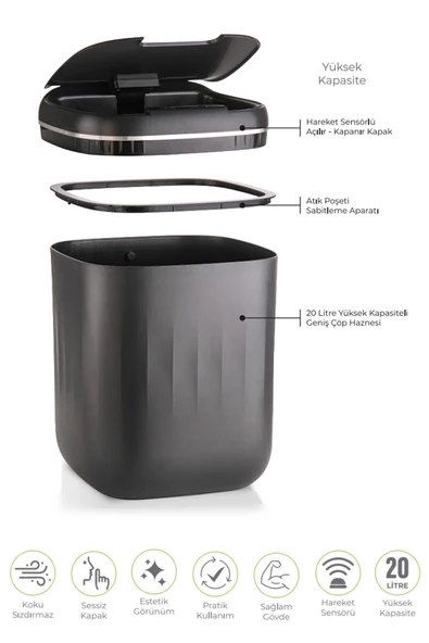 Tilbe Home Akıllı Teknolojik Sensörlü Çöp Kovası Banyo Mutfak Ofis 20L UV Işık Antibakteriyel Koku Geçirmez - 2