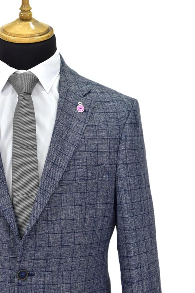 Erkek Lacivert Ekose Tek Spor Ceket Çift Yırtmaçlı BGL-ST03975 - Resim 5