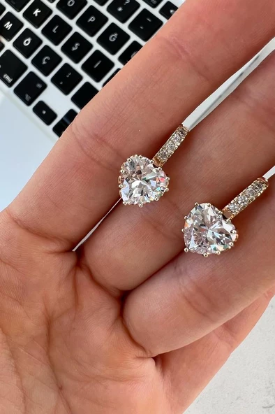 altın kaplama zirkon taş kalp küpe - 3