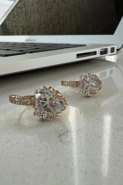 altın kaplama zirkon taş kalp küpe - 2