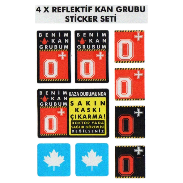 Çınar Extreme® 0 Rh+ (Pozitif) Kaskımı Çıkartma Yazılı 7 Parçalı Reflektif Kan Grubu Sticker Seti