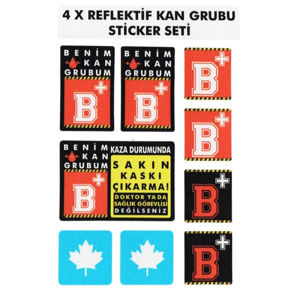 Çınar Extreme® B Rh+ (Pozitif) Kaskımı Çıkartma Yazılı 7 Parçalı Reflektif Kan Grubu Sticker Seti