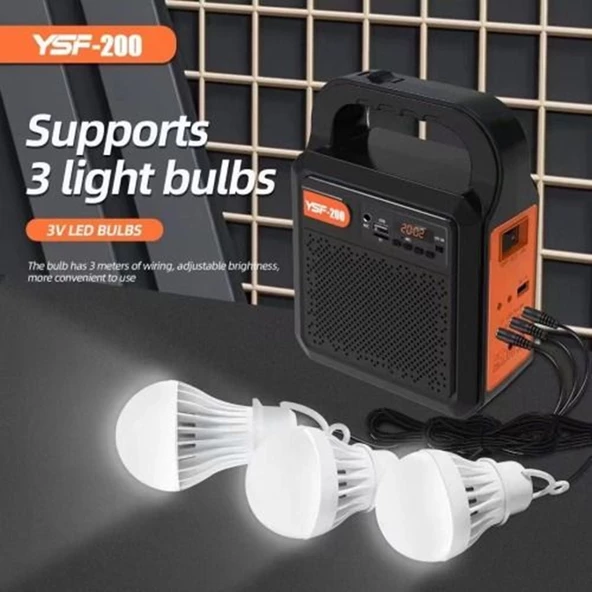 Kamp Lambası Güneş Enerjili Aydınlatma Sistemi 3Ampul,Powerbank,Işıldak,Radyo,Müzik Speaker,USB/TF 6000 Mah-GSU-200 - 4