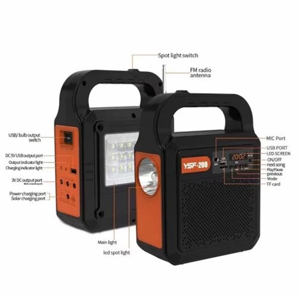 Kamp Lambası Güneş Enerjili Aydınlatma Sistemi 3Ampul,Powerbank,Işıldak,Radyo,Müzik Speaker,USB/TF 6000 Mah-GSU-200 - 8
