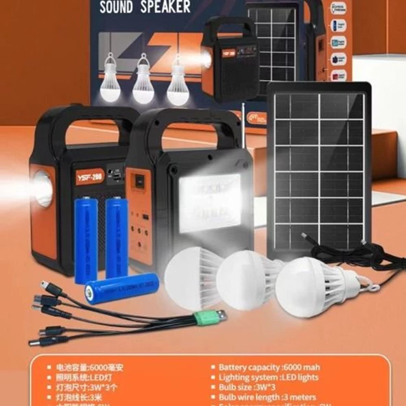 Kamp Lambası Güneş Enerjili Aydınlatma Sistemi 3Ampul,Powerbank,Işıldak,Radyo,Müzik Speaker,USB/TF 6000 Mah-GSU-200 - 3