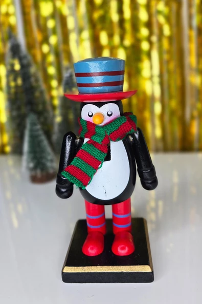 Sevimli Penguen Fındıkkıran Masa Üstü Süs Obje Atkılı Penguen Yılbaşı Masa Süsü 16cm