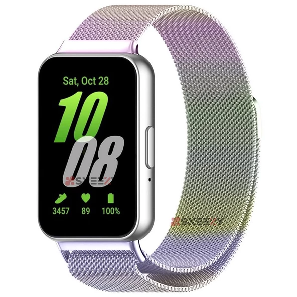 Sneezy Samsung Galaxy Fit 3 İle Uyumlu Woven Wire Tasarım Metal Hasır Kordon  Gökkuşağı