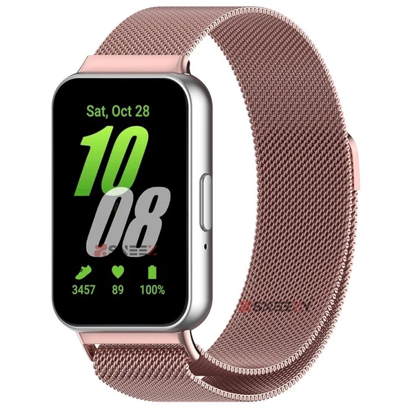 Sneezy Samsung Galaxy Fit 3 İle Uyumlu Woven Wire Tasarım Metal Hasır Kordon  Rose