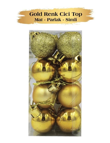 Yılbaşı Top Süs 3 Cm Mat Simli Parlak Gold 16lı
