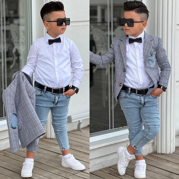 Uğurböceğiçocuk Ekose Denim Detaylı 5 Parça Erkek Çocuk Takım - 8