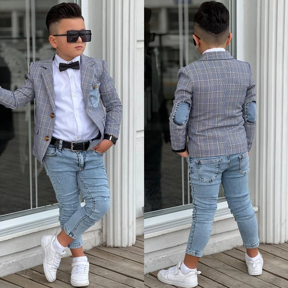 Uğurböceğiçocuk Ekose Denim Detaylı 5 Parça Erkek Çocuk Takım - 6