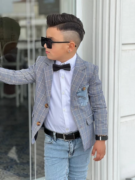 Uğurböceğiçocuk Ekose Denim Detaylı 5 Parça Erkek Çocuk Takım - 9