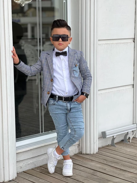 Uğurböceğiçocuk Ekose Denim Detaylı 5 Parça Erkek Çocuk Takım - 11