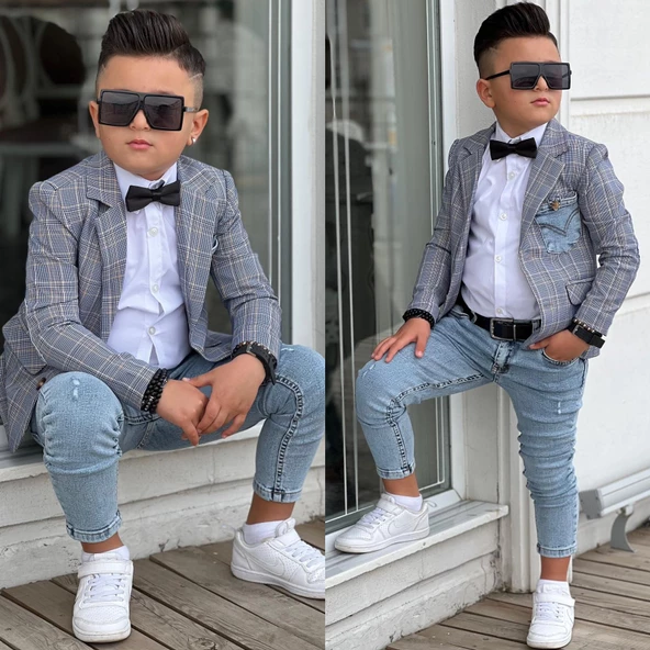 Uğurböceğiçocuk Ekose Denim Detaylı 5 Parça Erkek Çocuk Takım - 7