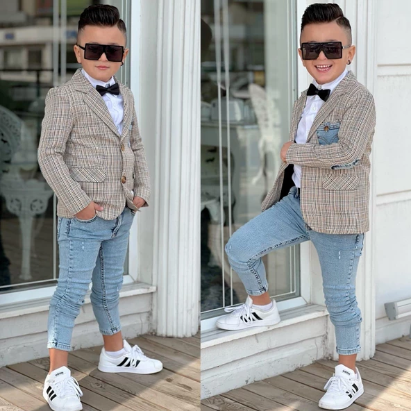Uğurböceğiçocuk Ekose Denim Detaylı 5 Parça Erkek Çocuk Takım - 2