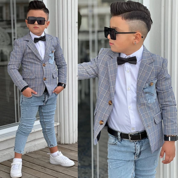 Uğurböceğiçocuk Ekose Denim Detaylı 5 Parça Erkek Çocuk Takım - 5