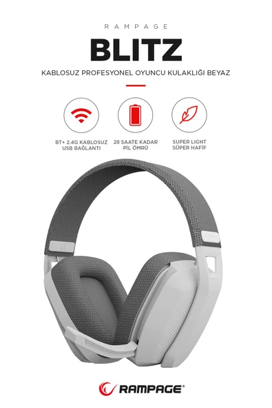 Rampage  BLITZ Beyaz/Gri Wireless 2.4G+ Bluetooth Mikrofonlu Kablosuz Oyuncu Kulaklığı