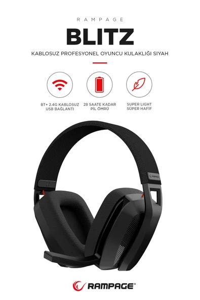 Rampage  BLITZ Siyah Wireless 2.4G+ Bluetooth Mikrofonlu Kablosuz Oyuncu Kulaklığı