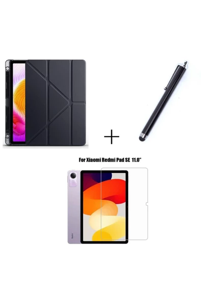 Xiaomi Redmi Pad Se Uyumlu Kalem Bölmeli Standlı Kılıf + Ekran Koruyucu + Kalem 3'Lü Set