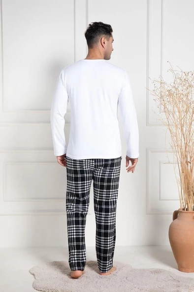 Mecit 3082 Erkek Beyaz Ekoseli Büyük Beden Pijama Takımı - 3