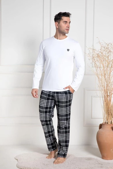 Mecit 3082 Erkek Beyaz Ekoseli Büyük Beden Pijama Takımı - 2