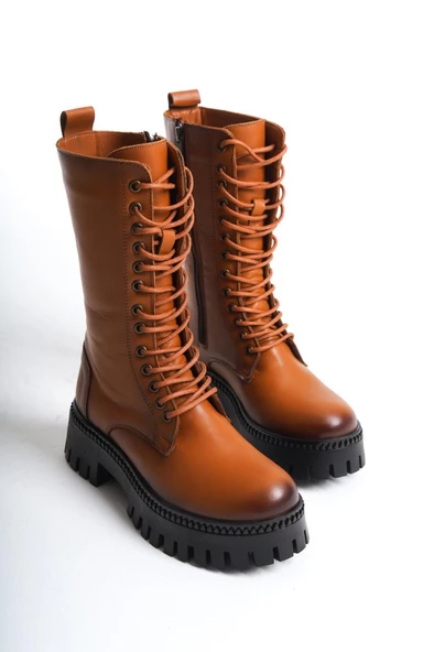 Kadın Taba Hakiki Deri Fermuarlı Bağcıklı Bot - 2