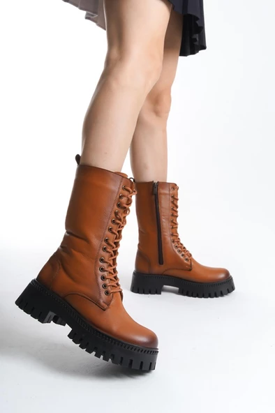 Kadın Taba Hakiki Deri Fermuarlı Bağcıklı Bot