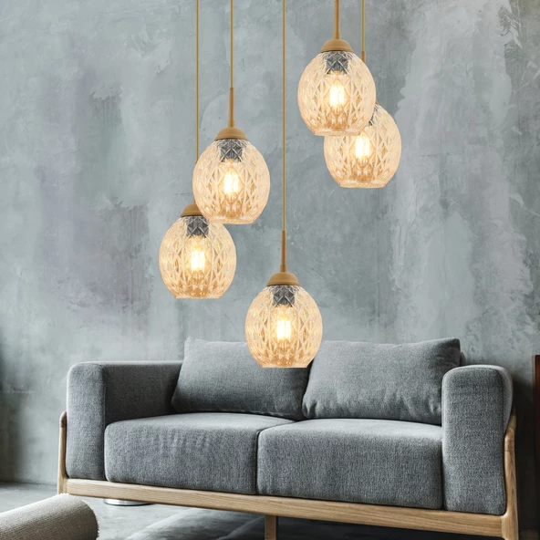 Apliqa Nino 5Li Yuvarlak Eskitme Modern Sarkıt Oturma Odası Salon Sarkıt Avize