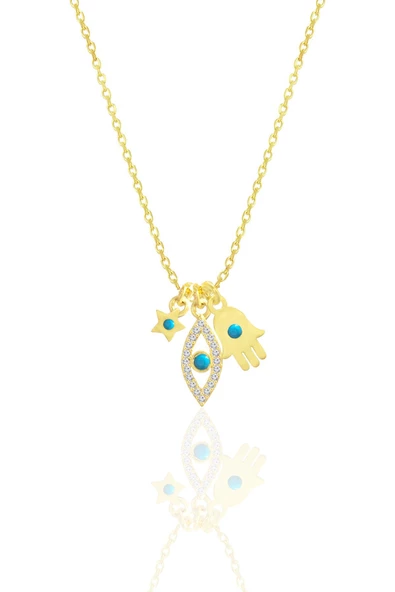Gümüş altın yaldızlı turkuaz taşlı mavi gözün koruyucu eli bereket kolye SGTL12665GOLD