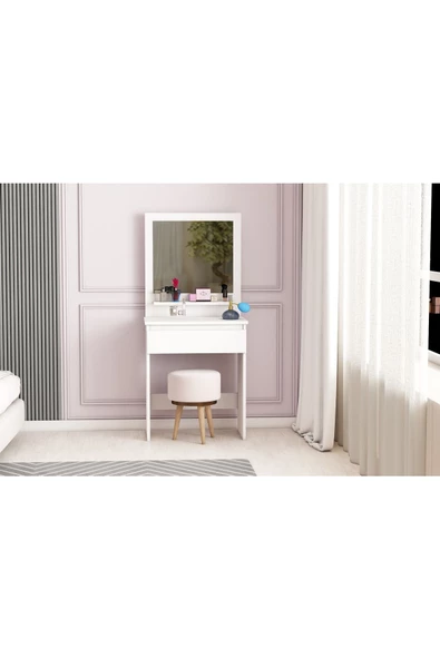 AYMOBSAN Luna Makyaj Masası, Raflı, Çekmeceli, Aynalı, Beyaz - 3