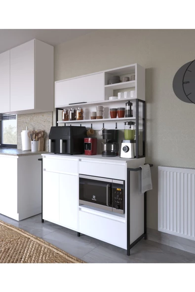 AYMOBSAN Defne Kahve Köşesi, Çok Amaçlı Dolap, 3 Kapaklı 2 Çekmeceli, Kiler Mutfak Dolabı, Beyaz - 3