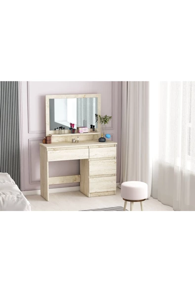 AYMOBSAN Duru Makyaj Masası, 4 Çekmeceli, Aynalı, Raflı Traverten - 2