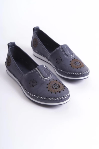 Kadın Hakiki Deri Baskılı Dikişli Babet Düz Taban Delikli Günlük Ayakkabı Babet - Resim 4