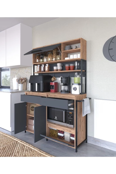 AYMOBSAN Defne Kahve Köşesi, Çok Amaçlı Dolap, 3 Kapaklı 2 Çekmeceli, Kiler Mutfak Dolabı - 3