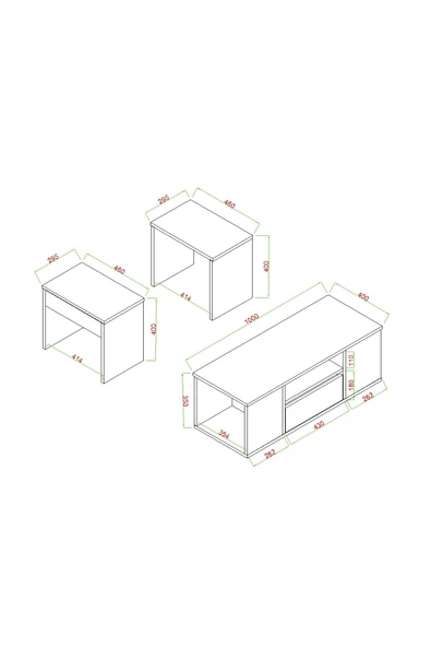 AYMOBSAN Lila Orta Sehpa 3'lü Takım Zigonlu Modern, 100 cm, Atlantik Çam - Antrasit - 3