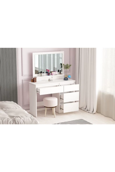 AYMOBSAN Duru Makyaj Masası, 4 Çekmeceli, Aynalı, Raflı, Beyaz - 3