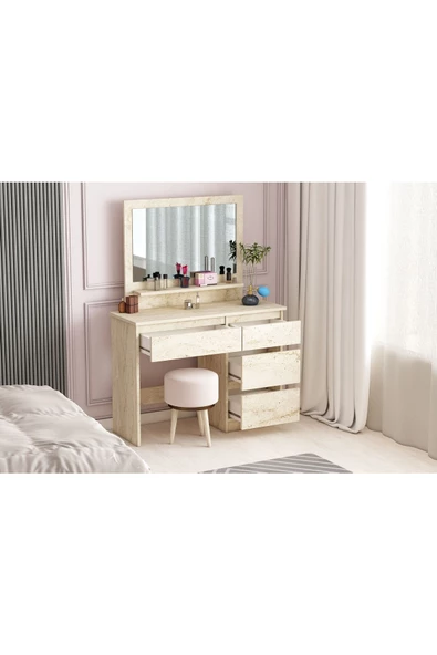 AYMOBSAN Duru Makyaj Masası, 4 Çekmeceli, Aynalı, Raflı Traverten - 3