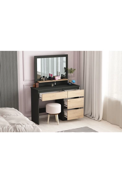 AYMOBSAN Duru Makyaj Masası, 4 Çekmeceli, Aynalı, Raflı - 3